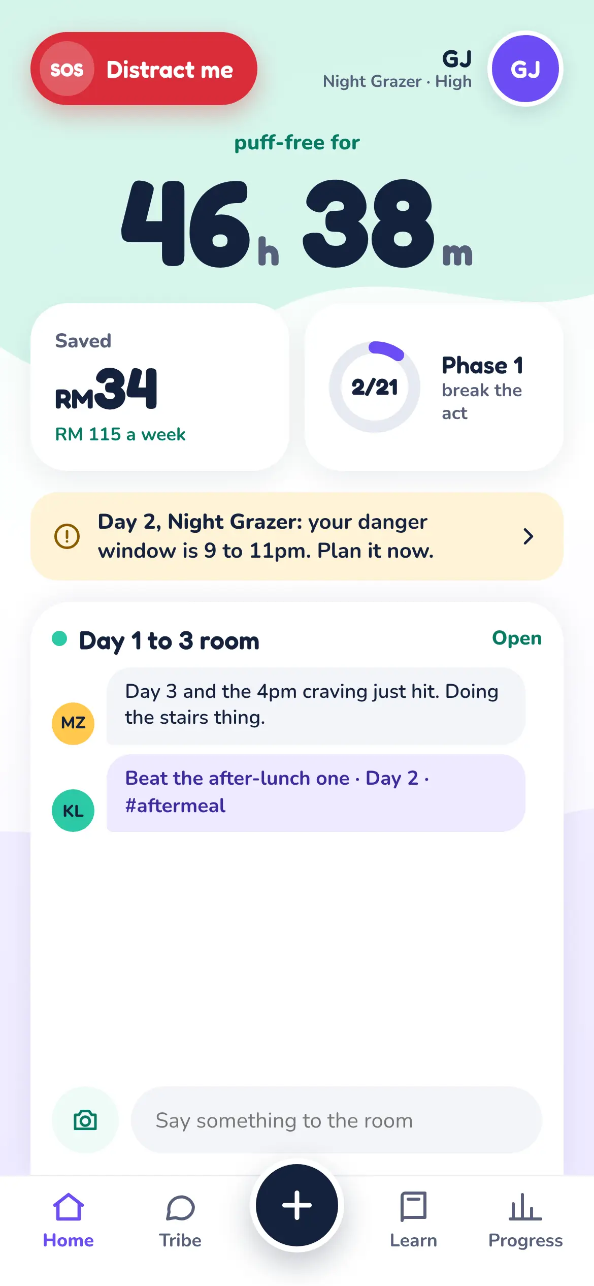 App home screen showing a puff-free timer at 46 hours 38 minutes, money saved, the current phase, and the day 1 to 3 chat room.