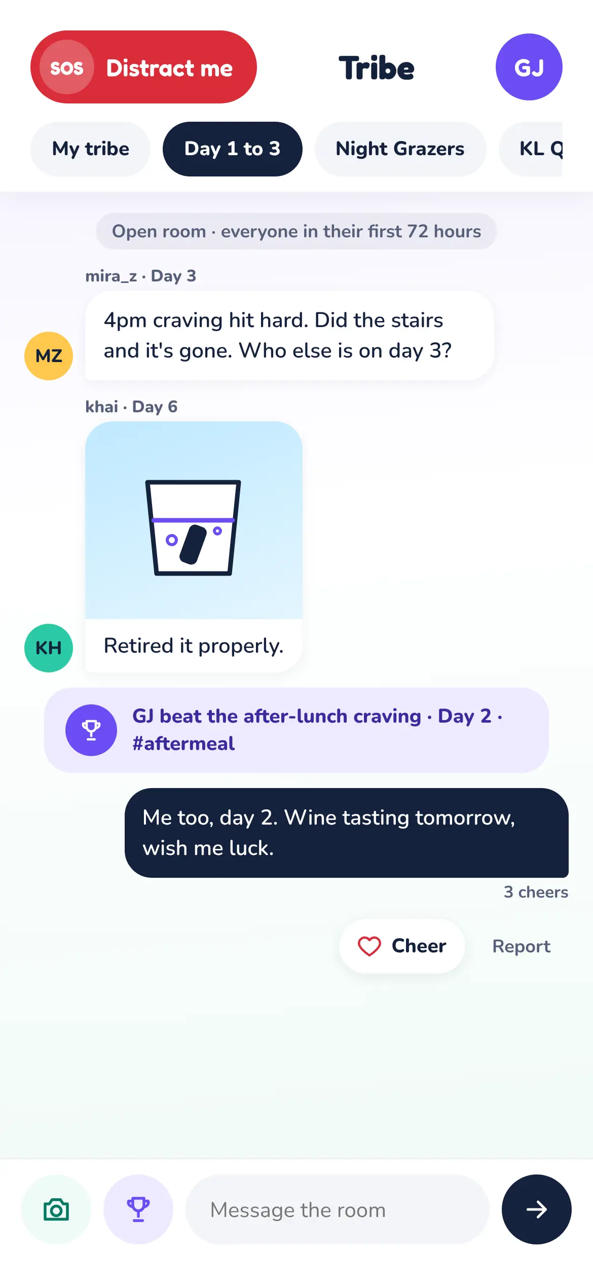 Tribe chat screen with open rooms for your first 72 hours, messages from other quitters and a win posted to the room.